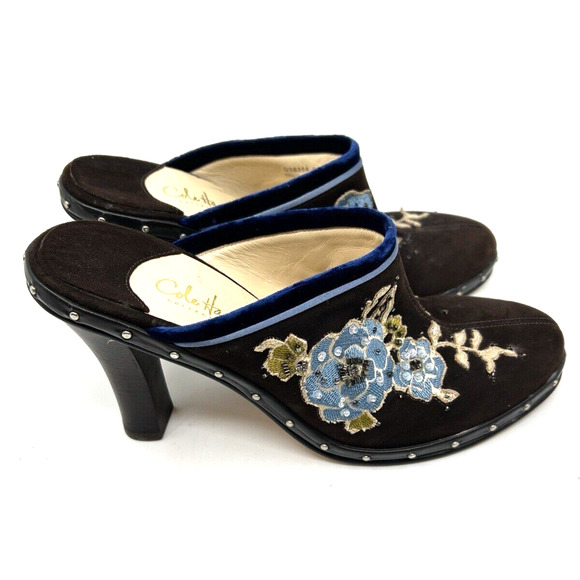 Cole Haan Women's Suede Embroidered Clogs Size 8B Brown Floral Boho Festival - Picture 4 of 8